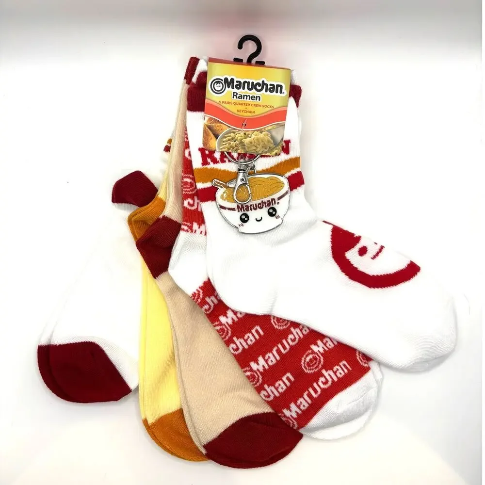Maruchan Ramen 5 Pairs of Socks + Keychain, Size 9-11 - New